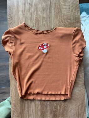 Rust Orange Ribbed Crop Top with Mushroom Embroidery xs/small